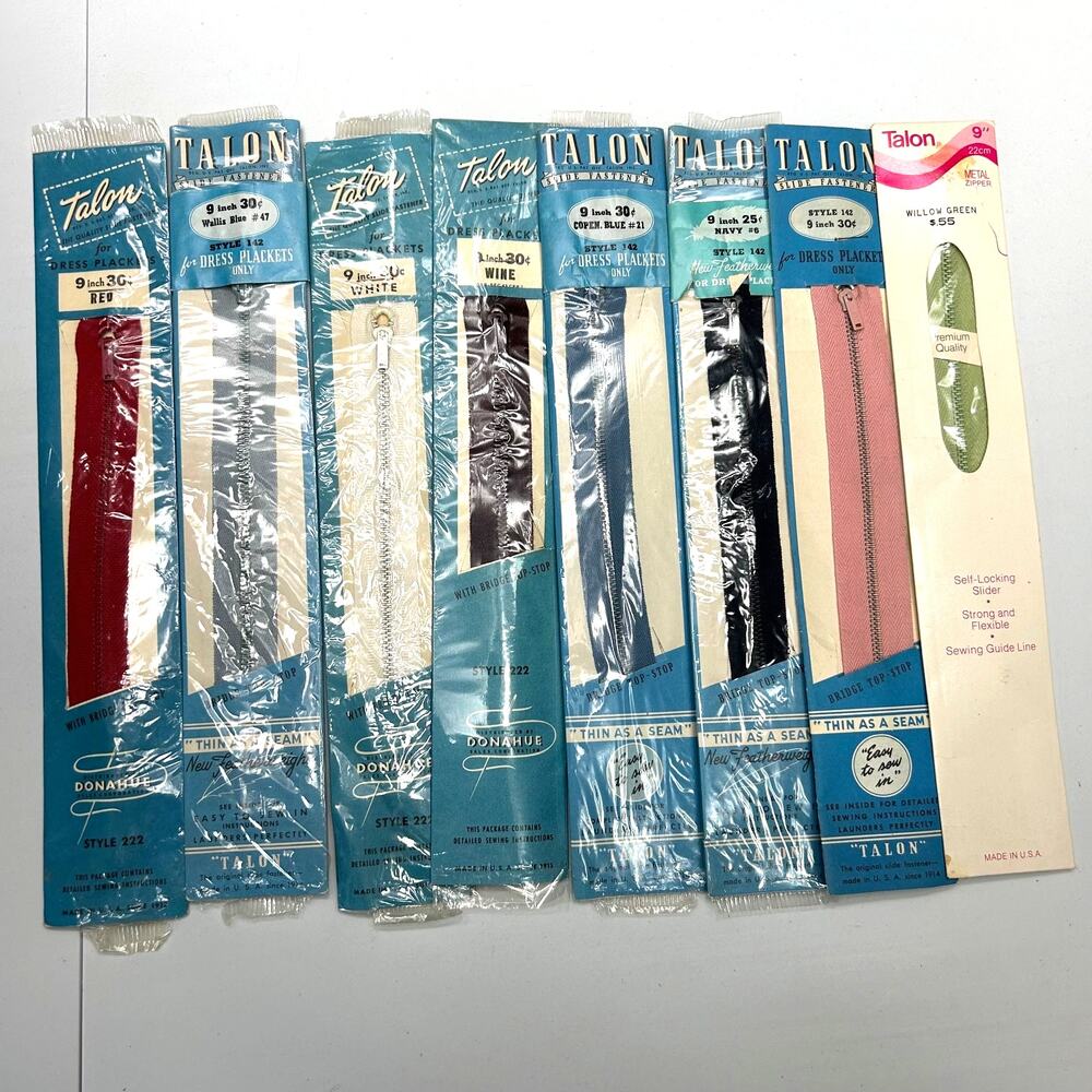 Vintage 9" Dress Placket Metal Zippers Talon Lot‎ of 8 NOSIP